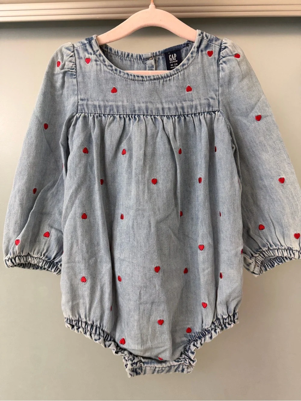 GAP Baby Girls' Light Blue Heart Denim Romper 18-24M
